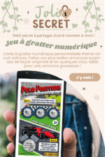 Carte à gratter numérique personnalisée thème circuit voitures. Faites vos plus belles annonces surprises de façon originale et en quelques clics. Idéal pour une annonce grossesse !