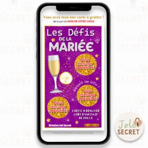 Jeu animation EVJF : Le défi à gratter de la future mariée. Carte numérique réception immédiate. A gratter sur l'écran de son smartphone