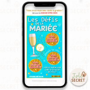Animation EVJF originale : Jeu de défis future mariée. Carte à gratter originale sur smartphone. Livraison immédiate après paiement.