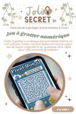 Carte virtuelle à gratter – Jeu personnalisé avec message surprise. Facile à gratter avec son doigt sur écran de smartphone. Annonce bonne nouvelle surprise et personnalisé. A personnaliser en quelques clics. Réception immédiate