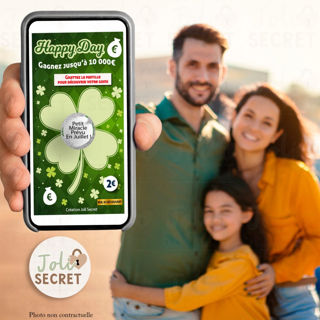 Carte à gratter personnalisable cadeau surprise. Livraison immédiat après paiement. Annonce grossesse étonnante et moderne. Jeu digital