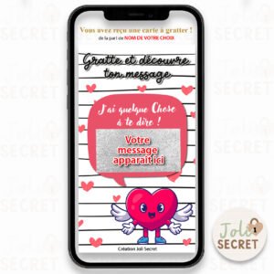 Carte à gratter digitale d'annonce surprise : design cœur ailé pour message secret personnalisé.