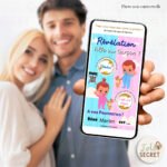 Couple souriant découvrant l'annonce surprise Gender Reveal Fille sur téléphone.