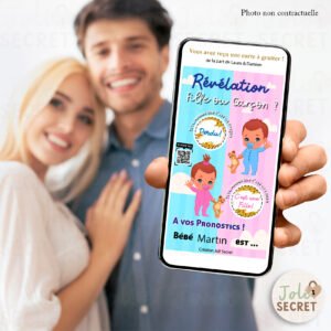 Couple souriant découvrant l'annonce surprise Gender Reveal Fille sur téléphone.