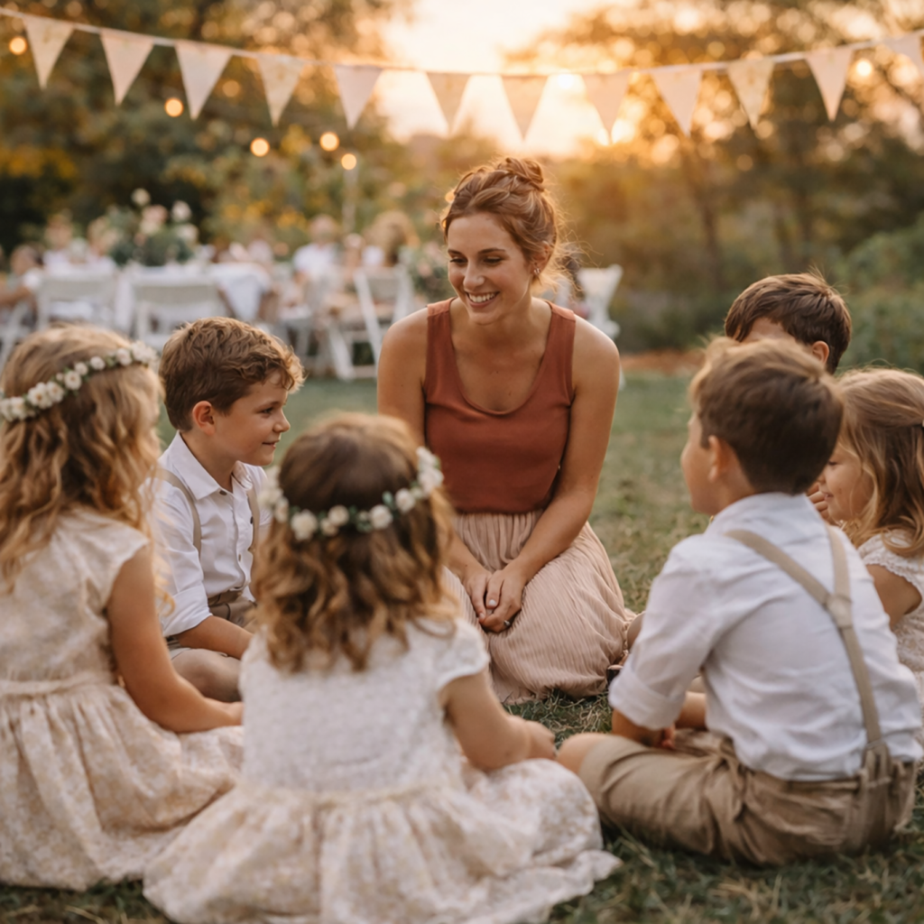 Enfants réunis pour une activité calme et collective lors d’un mariage sans écran