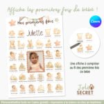 Affiche mes premières fois bébé personnalisable sur Canva, avec illustrations douces et espace pour noter les dates à la main ou au tampon encreur.