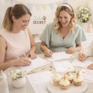 Jeux baby shower à imprimer disposés sur une table, avec des invitées en arrière-plan flouté lors d’une baby shower conviviale.