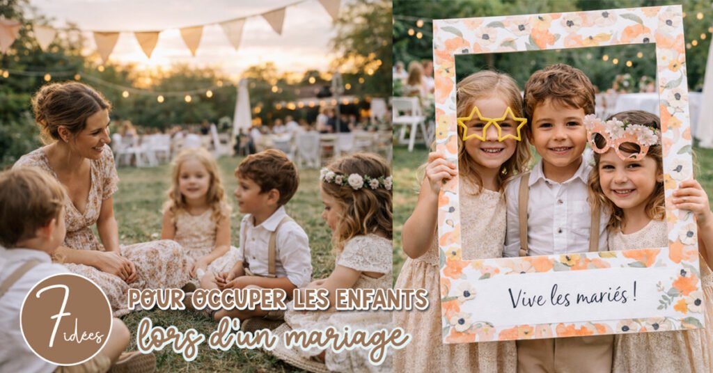 Idées pour occuper les enfants lors d’un mariage sans écran : jeux calmes, activités créatives et animations adaptées aux plus jeunes dans une ambiance champêtre.