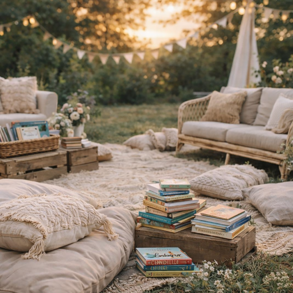 Espace détente avec coussins et livres pour enfants lors d’un mariage sans écran