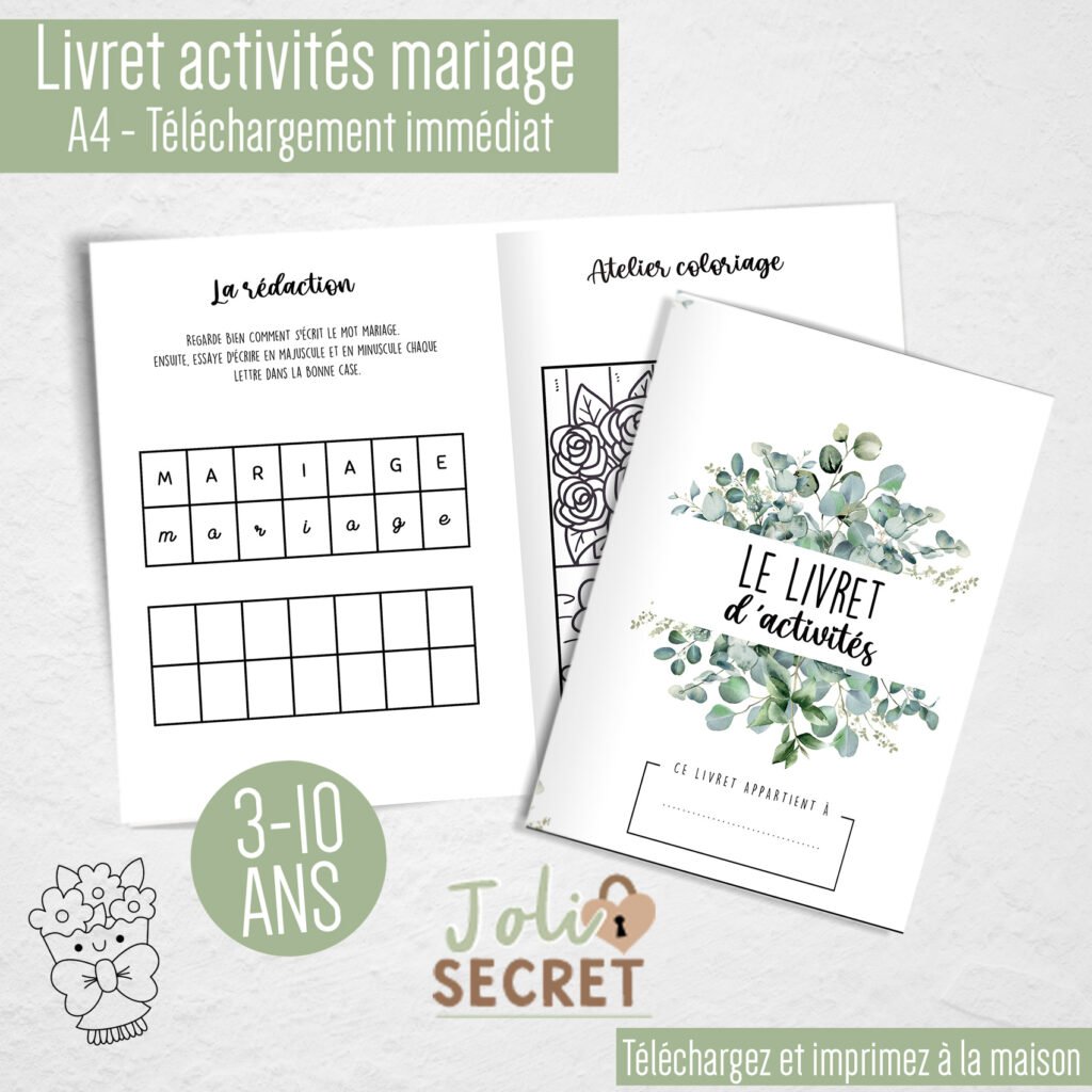 Livret de jeux enfant mariage à imprimer présenté en couverture avec indication âge 3–10 ans, activités ludiques pour enfants lors d’un mariage.