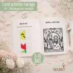 Livret de jeux enfant mariage à imprimer posé sur une table décorée, pages ouvertes avec coloriages et jeux adaptés aux enfants de 3 à 10 ans.