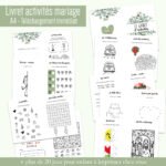 Aperçu des pages du livret de jeux enfant mariage à imprimer avec coloriages, jeux d’observation, labyrinthes et activités ludiques.