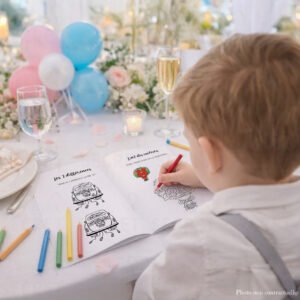 Enfant de dos coloriant un livret de jeux enfant mariage à imprimer sur une table de réception décorée, ambiance mariage élégante.