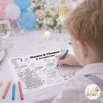 Set d’activités mariage enfant avec jeux, coloriages et crayons de couleur pour occuper les enfants pendant le repas.