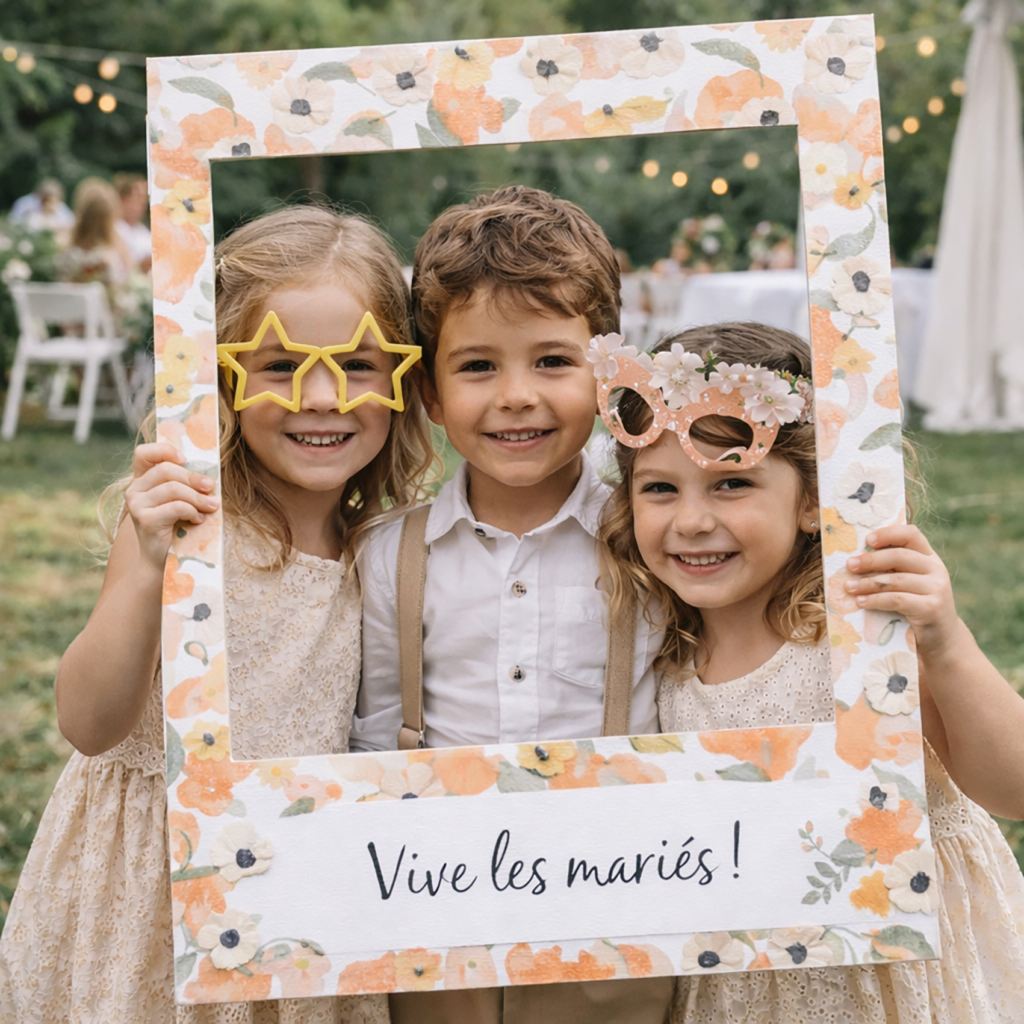 Enfants souriants posant avec un cadre photo ludique lors d’un mariage champêtre