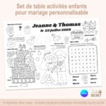 Jeux enfant mariage à imprimer, set de table d’activités personnalisable avec prénoms des mariés et date, format A4 ou A3.