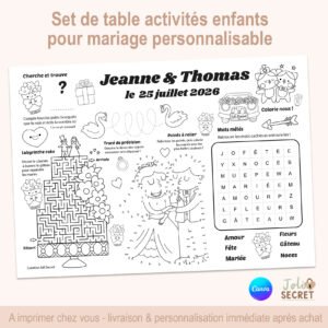Jeux enfant mariage à imprimer, set de table d’activités personnalisable avec prénoms des mariés et date, format A4 ou A3.